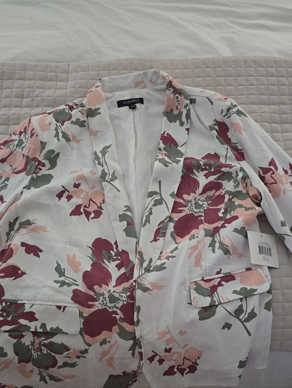 Ellen Tracy White Blazer with Pink, Green & Burgundy Floral Print. Linen